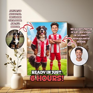 Cartoon Father’s Day Portrait of Dad and Pet in Bayern Munich Uniform on Soccer Field – Custom Gift for Pet-Loving Dads