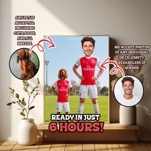 Ritratto a fumetti per la festa del papà di un animale domestico e del papà in uniforme dell'Arsenal FC - Regalo artistico calcistico personalizzato per gli appassionati di calcio