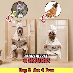 Ritratto personalizzato di un animale domestico, divertente arte da bagno, cane che legge il giornale sul water, arte murale con cane, cane nel water, animale domestico nella vasca da bagno, regalo personalizzato per animali domestici