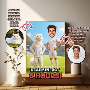 Father's Day Soccer Portrait with Cartoon Dad and Pet in Real Madrid Uniform – Custom Gift for Football Fans and Pet Lovers