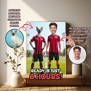 Custom Father's Day Portrait of Cartoon Dad and Pet in AC Milan Uniform – Personalized Soccer Gift for Dog or Cat Lovers