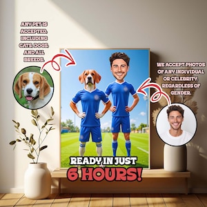 Father’s Day Gift Portrait with Cartoon Dad and Pet in Chelsea FC Uniform on Soccer Field – Unique Custom Soccer Print