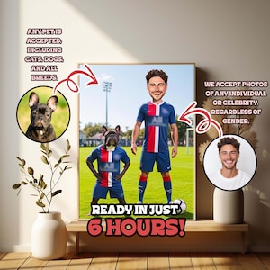 Father’s Day Cartoon Portrait of Dog or Cat and Owner in PSG Uniform – Personalized Soccer Gift for Football-Loving Dads