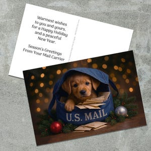 May include: A holiday postcard featuring a brown puppy sitting inside a blue U.S. Mail bag filled with envelopes, surrounded by pine branches and ornaments. The back of the card reads: Warmest wishes to you and yours, for a Happy Holiday and a peaceful New Year. Season's Greetings From Your Mail Carrier.