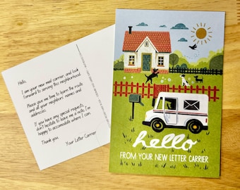 May include: A postcard with a cartoon illustration of a mail truck delivering mail to a house with a red roof and a white picket fence. The text on the postcard reads "hello from your new letter carrier".