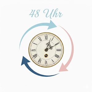 May include: A classic clock face with Roman numerals and decorative hands, surrounded by blue and pink arrows. The text "48 Uhr" is above the clock, indicating a time-related concept. The clock features a gold-toned frame and a cream-coloured face.