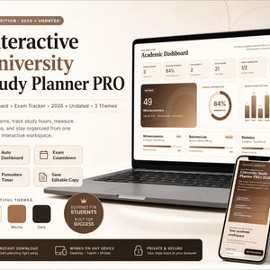 Può includere: Uno strumento digitale Interactive University Study Planner PRO visualizzato su un computer portatile e uno smartphone. Lo schermo mostra una dashboard accademica con grafici di progresso, tracker degli esami e metriche di studio.