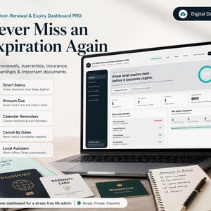 Può includere: Un computer portatile che mostra l'interfaccia del software Life Admin Renewal & Expiry Dashboard PRO. Lo schermo presenta funzioni di monitoraggio per rinnovi, garanzie e assicurazioni. Accanto si trovano un passaporto, una tessera e un taccuino.