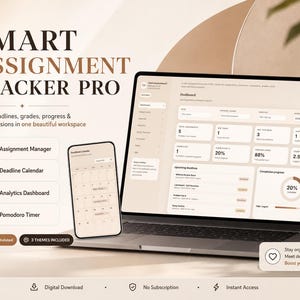 Può includere: Una dashboard digitale Smart Assignment Tracker Pro visualizzata su uno schermo di laptop e smartphone. L'interfaccia include un gestore di compiti, un calendario, un pannello di analisi e un timer in tonalità beige e marrone.