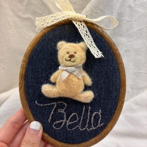 Felted Teddy Bear Nursery Wall Art: Handmade Embroidery Hoop Decor, Nursery Animal Shelf Art, Heirloom Baby Room Décor, Custom Baby Gift