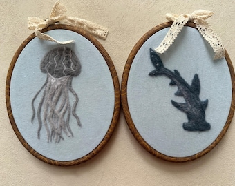 Decoração de berçário de animais marinhos em feltro: arte feita à mão em bastidor de lã