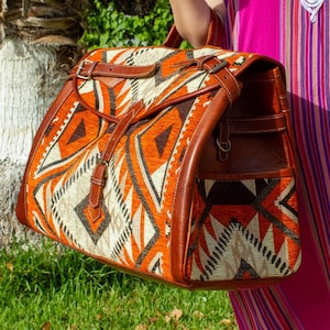 Personalized Moroccan Kilim Travel Bag: Almond Leather Weekender