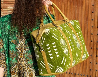 Handgefertigte Grüne Kelim Reisetasche, Marokkanischer Teppich & Leder Weekender, Handgemachte Reisetasche, Einzigartiges Geschenk für Reisende