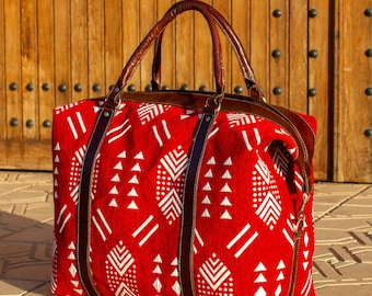 Roter Kelim Teppich Reisetasche, Handgefertigte Leder Weekender & Handgemachte Reisetasche, Einzigartiges Geschenk für Reisende