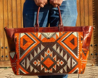 Artisan Kilim Travel Bag – Original Moroccan Leather Weekender Bags- Bohemian Carpet Leather Bag-  Rug-Inspired Duffle for Men & Women