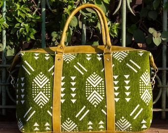 Grüner Kelim Leder Reisetasche, Handgemachter Kelim Weekender, Einzigartiges Geschenk für Reisende