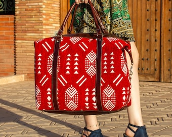 Red Kilim Travel Bag With Original Leather | Weekender Bag for