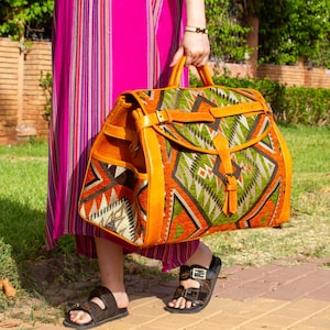 Moroccan Kilim Leather Travel Bag: Handmade Boho Weekender Duffle