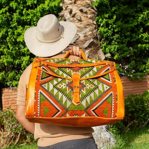 Handmade Moroccan Kilim Leather Travel Bag: Carry-On Duffle