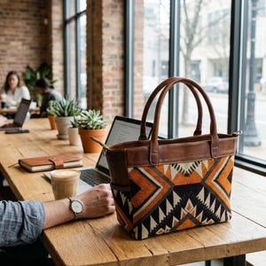 May include: A structured tote bag featuring a brown leather top panel and handles, with a lower section displaying a geometric pattern in shades of orange, black, and cream. The bag has two side pockets and a rectangular base, sitting on a wooden surface.
