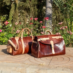 Perfect Gift, Two Handmade Moroccan Weekenders, Leather Travel Bag Set, duffle bag, Brown travel bags Gift Set,