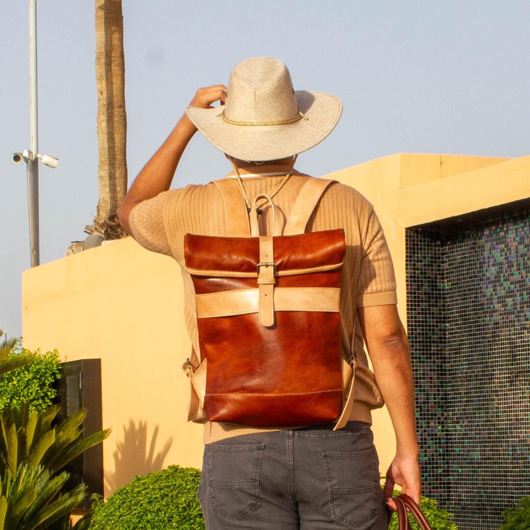 Handmade Brown Leather Roll-top Backpack: Full Grain Moroccan Rucksack ...