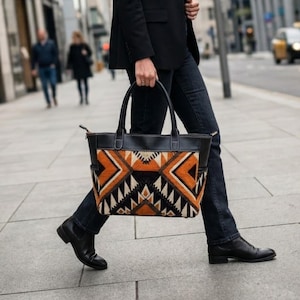 Authentic Moroccan Brown Kilim Bag – Full-Grain Leather Travel Duffle Bag With Carpet, Handmade Weekender & Carry-On for Men and Women Black Color