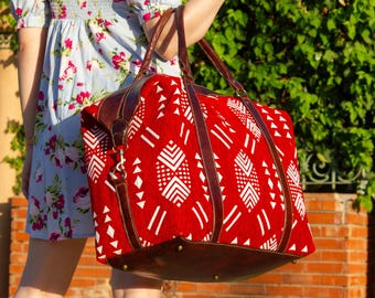 Red Kilim Travel Bag With Original Leather | Weekender Bag for