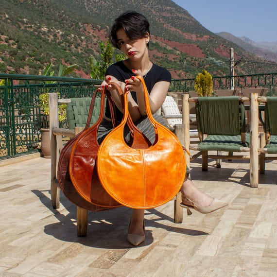 Mixed Color Handmade Leather Round Bags for Women, Genuine Moroccan Shoulder Bag Bundle, Boho Hobo Tote Set, Artisan Leather Gift Pack