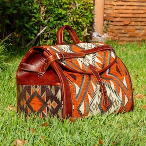 Moroccan Kilim Travel Bag: Large Leather Weekender Carry-On