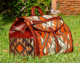 Moroccan Kilim Travel Bag: Large Leather Weekender Carry-On