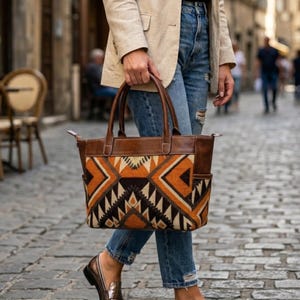 Authentic Moroccan Brown Kilim Bag – Full-Grain Leather Travel Duffle Bag With Carpet, Handmade Weekender & Carry-On for Men and Women image 15