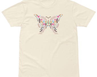 Camiseta premium unisex con diseño floral y mariposa