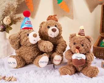 Customized Name Birthday Hat Teddy Bear,Stuffed Animal,Teddy with Birthday Cake,Newborn Celebrations,Birthday Gift Idea,Gift for Children