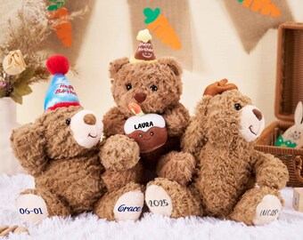 Personlig namngiven nallebjörn med födelsedagshatt, plyschnalle, gosedjur, duschpresent, present till nyfödd, födelsedagspresent, present till barn