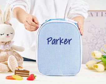 Gepersonaliseerde naam lunchtas, seersucker-lunchtas voor kinderen, geïsoleerde lunchtas, schoollunchtas, peuterlunchtas, reistas voor kinderen