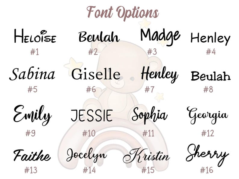 Puede incluir: Imagen que muestra 16 opciones de fuentes para nombres como Heloise, Beulah, Madge y Henley. El texto 'Font Options' est&aacute; en la parte superior, con un oso de peluche y un arco&iacute;ris en el fondo.