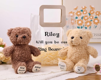 Oso de peluche personalizado para portar anillos, ¿Serás mi portar anillos?, Regalo para portar anillos, Recuerdo para niña de las flores, Regalo para fiesta de bodas.