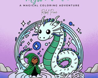 May include: A coloring page featuring a green and blue dragon with a small person in a green cloak standing in front of it. The dragon is surrounded by water and stars. The text "Mystical Muse" and "Rebel Pixie" is at the top of the page.