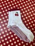 Cherry Pilates Grip Socks: Heart Soles, Barre Yoga Socks (UK 4-8)