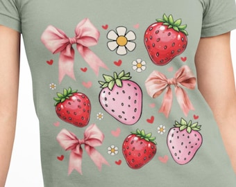 Strawberry Bow T-Shirt – Cute Y2K Unisex Fruit Tee
