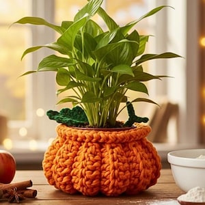 Cesta de Abóbora em Crochê - Modelo em PDF | Capa para Vaso de Plantas em Fio de Malha para Iniciantes | Decoração de Outono para Casa