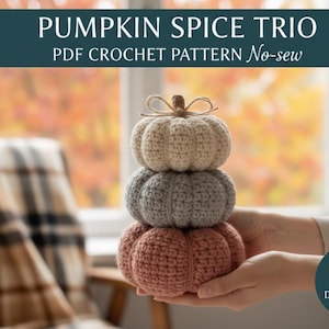 Peut inclure: Trois citrouilles crochetées, empilées, de couleurs beige, grise et corail, surmontées d'une tige en ficelle. Le texte de l'image indique "PUMPKIN SPICE TRIO PDF CROCHET PATTERN No-sew" et "INSTANT DIGITAL DOWNLOAD!"