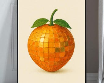 Oranje print discoballen | Retro keukenmuurkunst (digitale download)