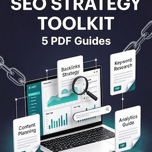 Pode incluir: Kit de ferramentas de estratégia de SEO digital com 5 guias em PDF. A imagem mostra um laptop com uma lupa e documentos rotulados Planejamento de Conteúdo, Estratégia de Backlinks, Pesquisa de Palavras-chave e Guia de Análise. Um botão laranja diz "Download digital instantâneo."