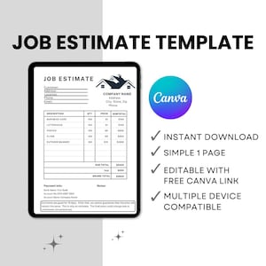 May include: A digital job estimate template displayed on a tablet. The template includes fields for customer information, a detailed breakdown of services, and a grand total. The image also features a Canva logo and text highlighting key features like instant download and multiple device compatibility.