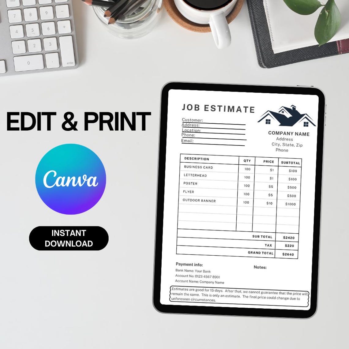 Job Estimate Template Editable PDF Canva - Contractor Invoice Form ...