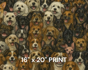 Puede incluir: Una impresión que presenta un collage de perros sonrientes de varias razas y colores. La impresión mide 40,6 cm por 50,8 cm. Los perros tienen diferentes colores de pelaje, incluyendo marrón, negro, blanco y canela. Los perros están todos mirando hacia adelante con la lengua fuera.