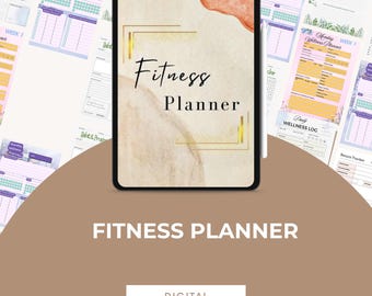 May include: A digital fitness planner displayed on a tablet, featuring a watercolor design with the text "Fitness Planner." Surrounding the tablet are various planner pages with sections for weekly overviews and wellness logs. The words "Digital Download" are also visible.