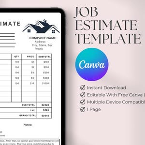 Job Estimate Template Editable PDF Canva - Contractor Invoice Form Construction Painting Electrical Plumbing - Instant Download